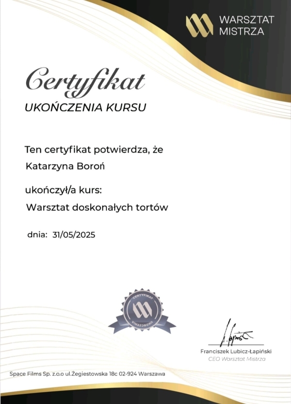 Certyfikat- doskonałych tortów