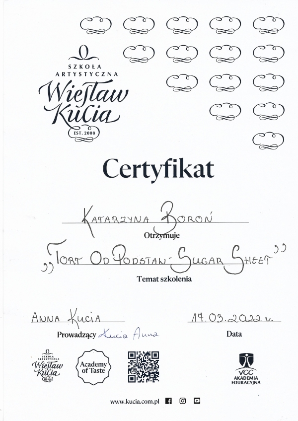 Certyfikat- tort od podstaw ''Sugar Sheet''