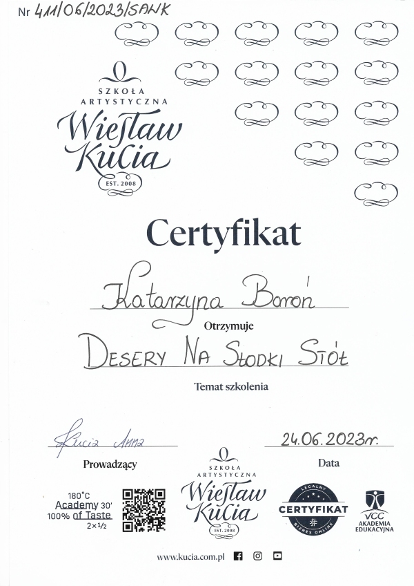 Certyfikat- desery na słodki stół