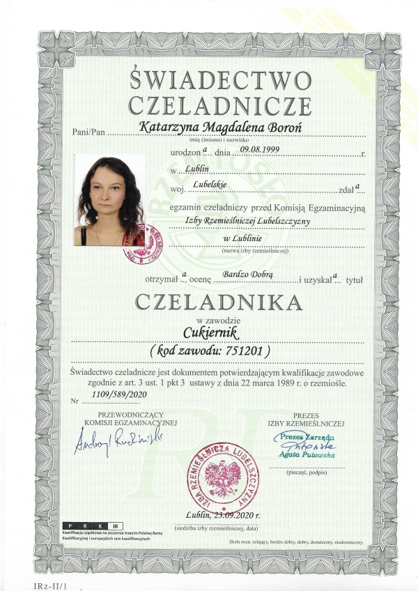 Świadectwo Czeladnicze- cukiernik